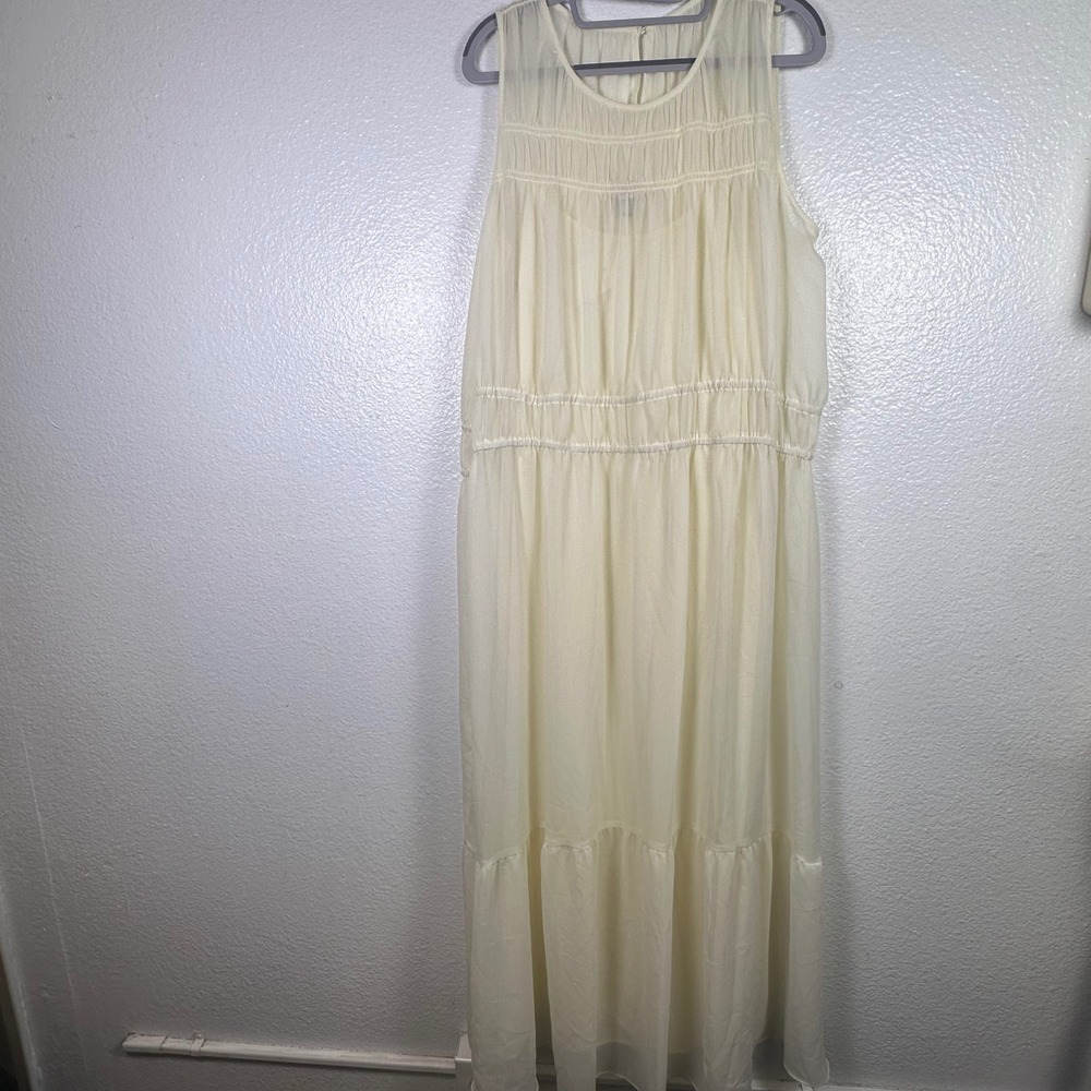A New Day Cream Smocked Sleeveless Maxi Dress Tiered Chiffon Recycled Poly L NWT